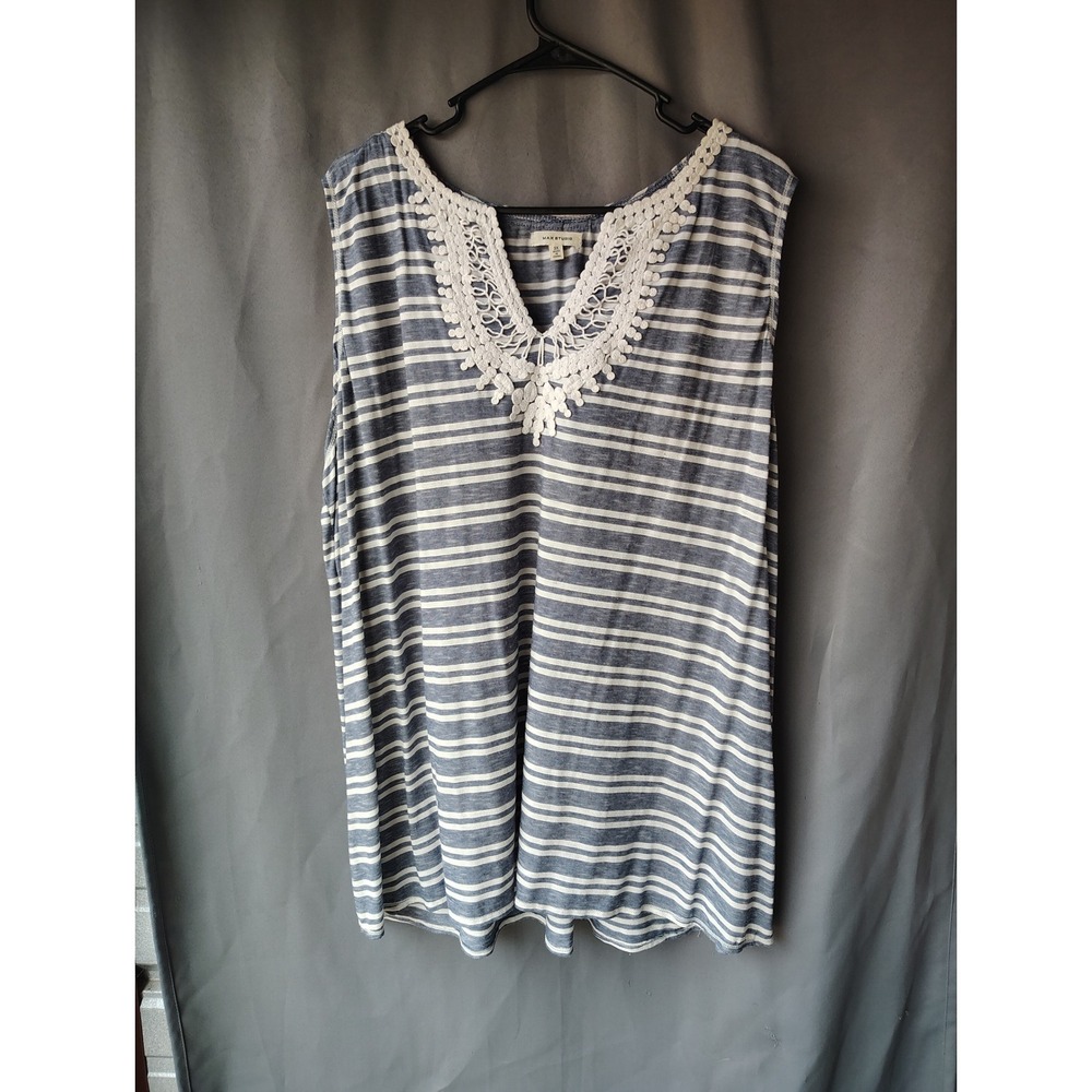 Max Studio Blue White Striped Crochet Lace V-Neck Tank Top Sleeveless 3X
